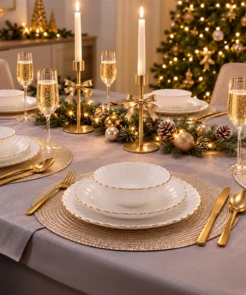 Tavola natalizia apparecchiata con stoviglie bianche dal bordo dorato, candelabri dorati, calici da champagne e decorazioni natalizie