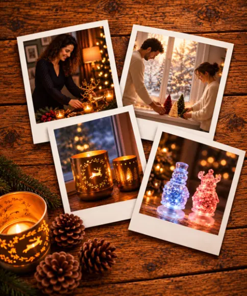 Collage natalizio con portacandele luminosi, pupazzi di neve LED, renne e decorazioni festive